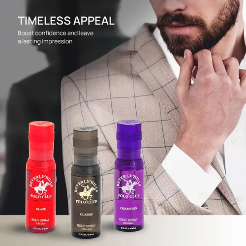 Vista 6 de Beverly Hills Polo Club Set de regalo de spray corporal de lujo para hombre, 3 aromas de colonia de diseñador de 3 x 3 onzas para una frescura