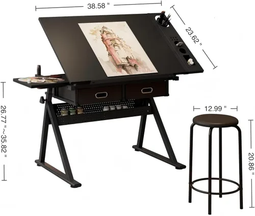 Vista 2 de Mesa de dibujo ajustable con 2 cajones y taburete, para arte y Negro