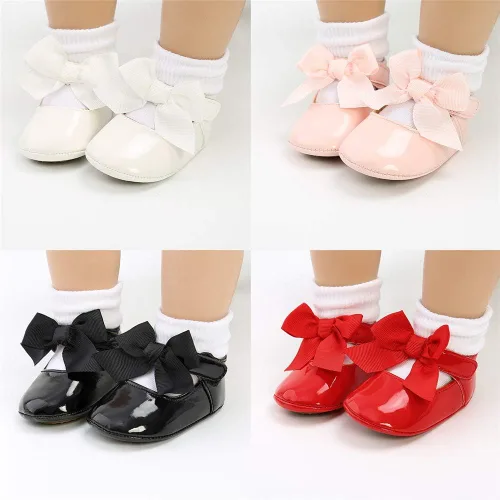 Vista 3 de Meckior - Zapatos bajos y livianos para bebés estilo Mary Jane con suela suave y lazo decorativo para vestidos de princesa o bodas para niñas que