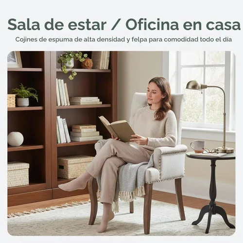 Vista 7 de Sillas de Comedor Tapizadas Acolchadas de Chenilla con Brazos y Ribete de Tachuelas – Marco y Patas de Madera Maciza, Estilo Granja Moderna