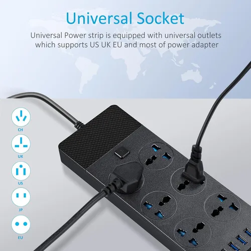 Vista 3 de Adaptador de Corriente Universal, Jumpso Regleta de Alimentación de 3000w con 4 Puertos USB (1 USB C), Cable de Extensión de 6ft con Tomas