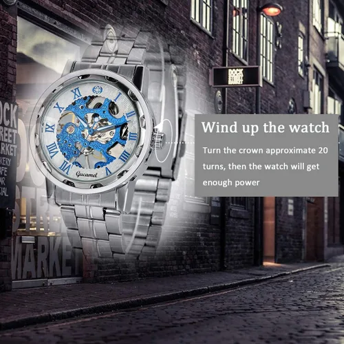 Vista 5 de Jewelrywe - Reloj de pulsera mecánico para hombre y hombre, esfera azul esqueleto, correa de acero inoxidable, mecanismo de viento a mano
