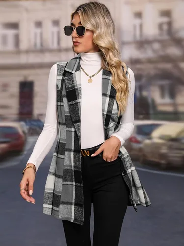 Vista 4 de MakeMeChic Chaleco a cuadros para mujer, casual, cuello de solapa, botón frontal, sin mangas, chaqueta para exteriores