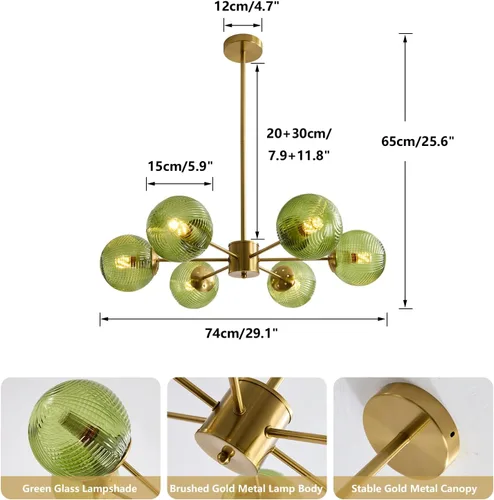 Vista 2 de KCO Lámpara colgante de techo de cristal verde de 6 luces con forma de globo moderno semiempotrado, lámpara de techo vintage de latón dorado Sputnik