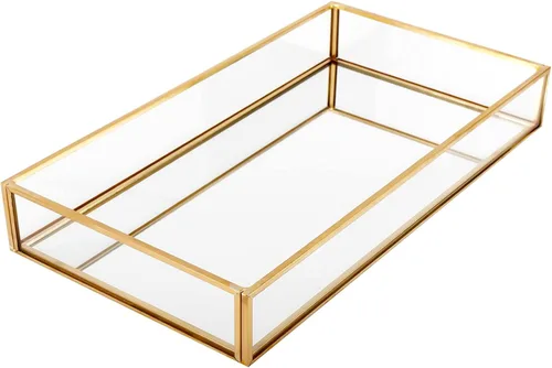 Vista 10 de HighFree Bandeja Rectangular de Espejo Dorado, Bandeja Decorativa de Vidrio con Espejo para Tocador para Perfume, Cosméticos, Maquillaje, Baratijas