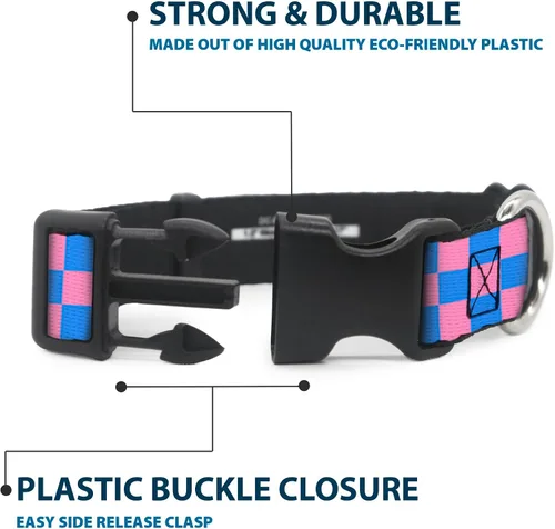 Vista 4 de Collar de clip de plástico BUCKLE-DOWN Checker – Color Negro/Rosa – 1/2" de ancho – Compatible con cuello de 9 – 15" – grande