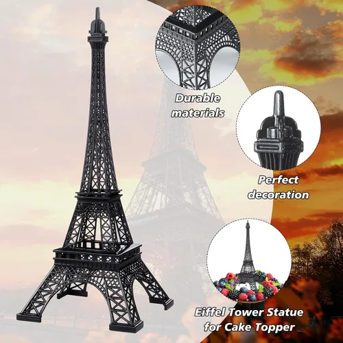 Vista 3 de DoubleFill Estatua de la Torre Eiffel de metal de 10 y 15 pulgadas, modelo de torre Eiffel, decoración temática de Pari con 2 cuerdas de luz