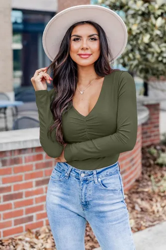 Vista 5 de VICHYIE Ropa de otoño para mujer, cuello en V, manga larga, acanalada, ajustada, ajustada