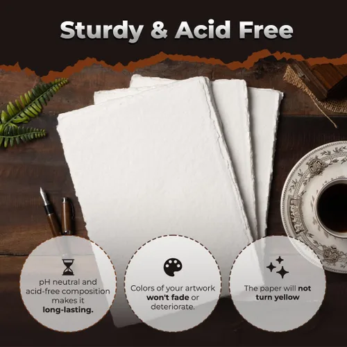 Vista 7 de Papel vintage de algodón egipcio, 400 GSM, 40 hojas, borde deckled, texturizado para dibujar y dibujar