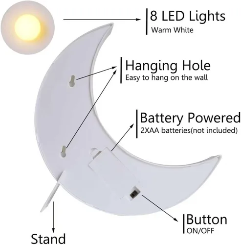 Vista 6 de Letreros LED de marquesina en forma de luna, luces nocturnas iluminadas a pilas, lámpara de luna creciente para dormitorio, Navidad, decoración