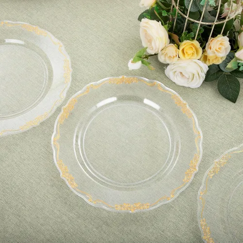 Vista 5 de DaYammi 60 piezas de platos de plástico transparente dorado elegantes platos desechables transparentes resistentes premium de 10.25 pulgadas
