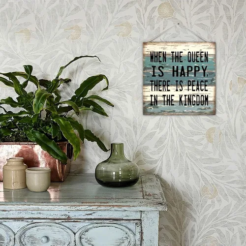 Vista 6 de Placa de madera de estilo Shabby Chic con texto en inglés "Saying When The Queen Is Happy There Is Peace in The Kingdom", rústico de madera antigua