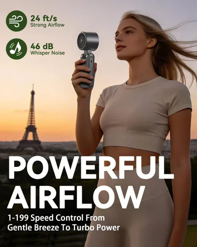 Vista 5 de Ventilador de mano portátil con refrigeración por hielo, ventilador turbo de alta velocidad de 24.6 ft/s, ventilador de cuello personal plegable 4