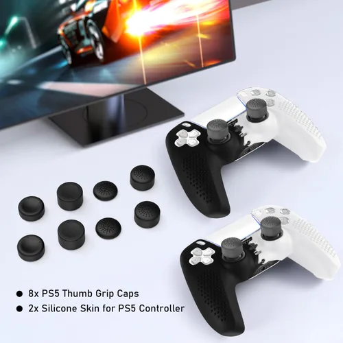Vista 7 de PS5 Controller Skin, Anti-Slip Soft Silicone Protective Cover Case for PlayStation 5 Controller Grip Accessories, 2 Pack with 8 x Thumb Grip Caps