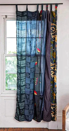 Vista 6 de EthinicCraftHub® - Cortina india de seda Sari con diseño de retazos estilo gitano bohemio hippy bohemio para colgar en la pared
