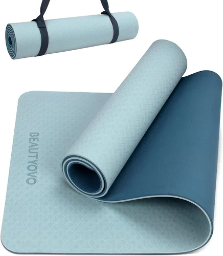 Vista 9 de Tapete de yoga con correa, 1/3 pulgadas extra gruesa, de doble cara, antideslizante, tapetes profesionales de TPE para mujeres y hombres, tapete