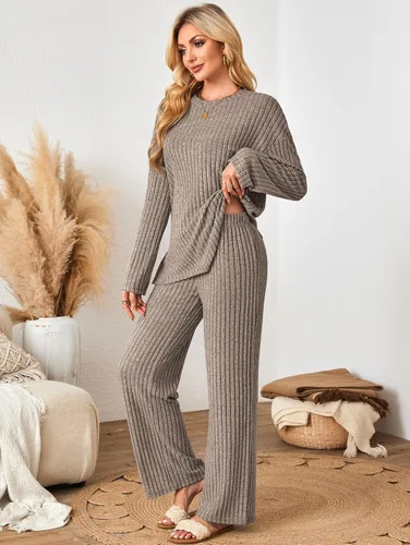 Vista 3 de Conjunto de 2 piezas para mujer, de gran tamaño, holgado, a juego, ropa de descanso de punto, ropa de dormir