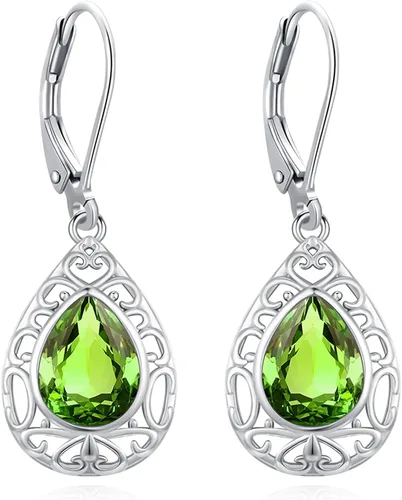 Vista 269 de Aretes colgantes de plata de ley con diseño de árbol de la vida, flor, abeja, animales, gato, colibrí, piedra lunar, turquesa, aretes con cierre