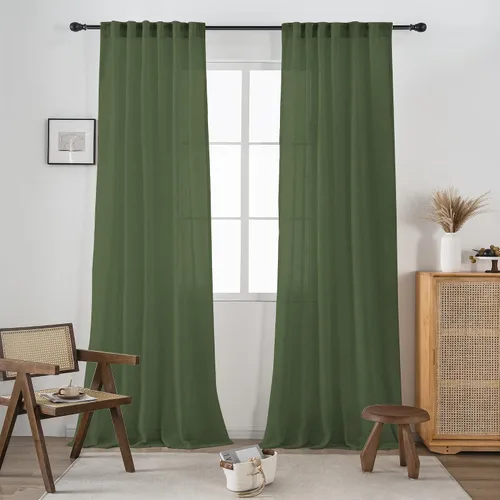 Vista 21 de 2 paneles de cortinas de lino transparente natural de 45 pulgadas, color beige para ventanas pequeñas, bolsillo con pestaña trasera, cortinas cortas