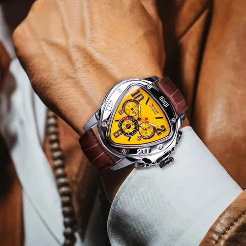 Vista 3 de Winner Fashion - Reloj de pulsera mecánico triangular de carreras, esfera de esqueleto dorado impermeable, movimiento automático, reloj mecánico