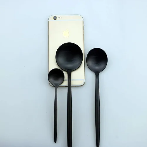 Vista 5 de JASHII Juego de 6 cucharas de acero inoxidable 304 negro mate con mango largo, juego de vajilla moderna para el hogar, cocina, regalo de fiesta