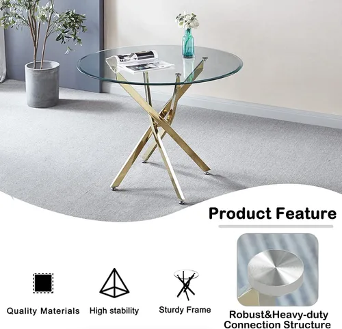 Vista 5 de Juego de mesa de comedor de cristal de lujo de 36 pulgadas para 2, mesa de comedor redonda moderna de 3 piezas con 2 sillas de comedor de cuero