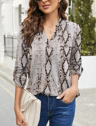Vista 4 de Halife - Blusa para mujer, estilo túnica, manga 34 enrollable, cuello en V y estampado floral