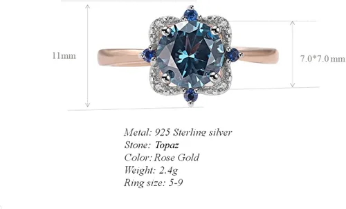 Vista 2 de Anillo de topacio chapado en plata de ley 925 para mujer, anillo de compromiso y boda de topacio azul