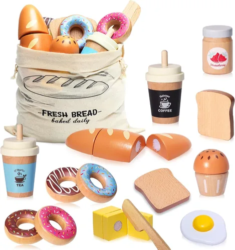 Vista 8 de Juego de madera para panadería, juguetes de comida, juego de cocina para niños, accesorios de cocina con bolsa de almacenamiento, juego