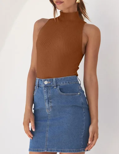Vista 8 de ZESICA Camisetas sin mangas de verano para mujer, cuello de tortuga, de punto acanalado, ajustadas, básicas, casuales