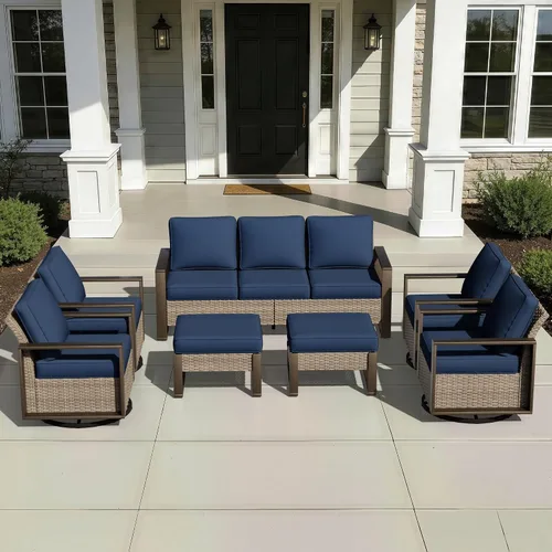 Vista 50 de Joyside - Sofá de mimbre para patio al aire libre, sofá de ratán de 3 plazas con cojines gruesos de olefina y reposabrazos rectangular con marco