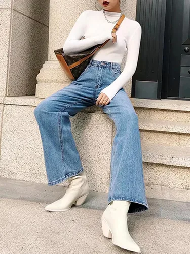 Vista 4 de HDLTE - Jeans de pierna ancha para mujer, pantalones holgados de cintura alta, pantalones de mezclilla tipo boyfriend Y2K
