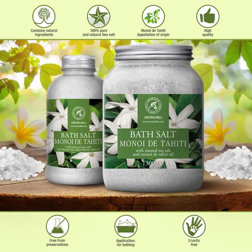 Vista 9 de AROMATIKA - Sal de baño Monoi de Tahiti 21.16 oz (600 g) – Aroma de flores de coco y gardenia – Baño relajante – Buen sueño – Aromaterapia – Baño