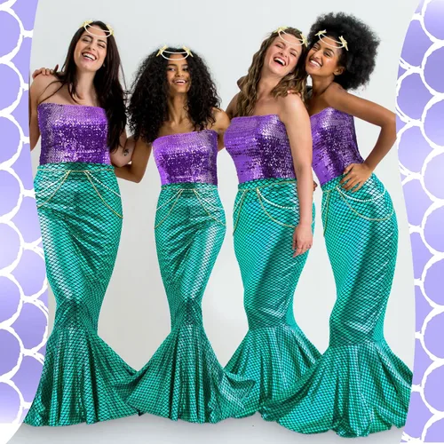 Vista 4 de Toulite Juego de 4 disfraces de sirena de Halloween para mujer, falda de tubo de lentejuelas, falda de cola larga, cintura de perlas y cadena
