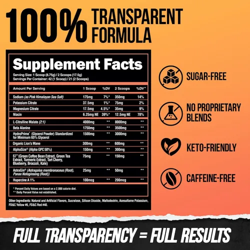 Vista 5 de ALPHA LION Superhuman Pump Polvo para antes de entrenar, suplemento de preentrenamiento sin cafeína ni estimulantes nootrópicos, potenciador