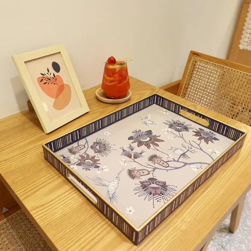 Vista 5 de Bandeja rectangular de plástico para servir con asas, elegante bandeja decorativa para mesa de café, otomana, sala de estar, cocina, uso al aire