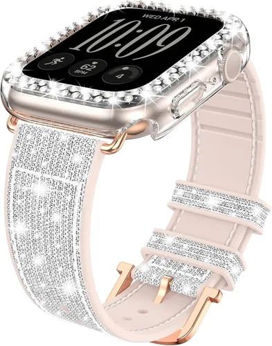 Vista 9 de Goton Bling - Correa de silicona brillante compatible con Apple Watch de 1.772 pulgadas (45mm) con protector de borde [sin vidrio], correa que Azul