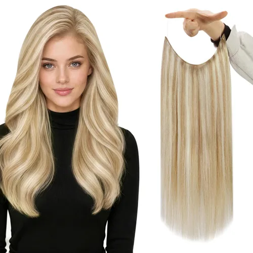 Vista 60 de Fshine - Extensiones de cabello con hilo invisible de 12 pulgadas, color rubio ceniza con reflejos de rubio decolorado, pieza de cabello humano real