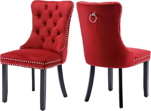 Vista 79 de Juego de 2 sillas de comedor de terciopelo, silla de comedor tapizada de alta gama con tirador de anillo en la espalda, adorno de clavos y patas