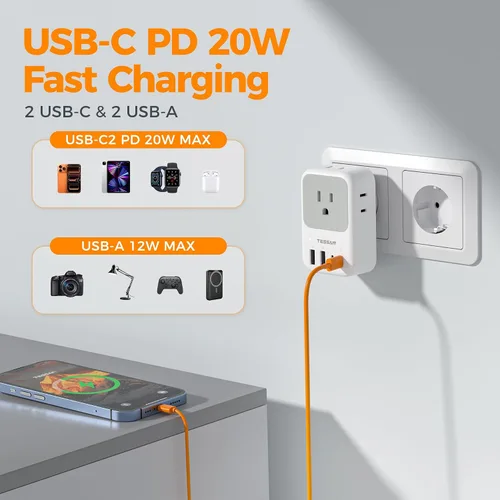 Vista 5 de TESSAN All European UK Travel Plug Adapter Kit, PD 20W International Detachable Adaptor, 4 AC 4 USB Potrs (2 USB C), Type C/G/E/F Universal Plug, US