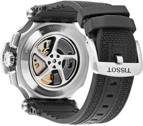 Vista 2 de Tissot T-Race - Caja de acero inoxidable 316L para hombre con revestimiento PVD negro, reloj cronógrafo suizo Tissot automático, negro, caucho, 22