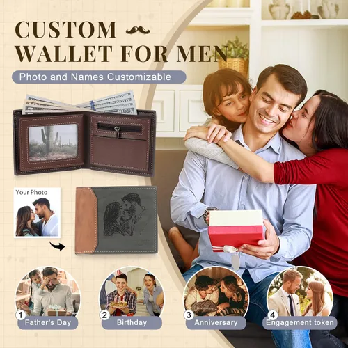 Vista 18 de Carteras personalizadas para hombres, cartera personalizada para hombre con imagen grabada y nombre, billetera delgada de cuero plegable, regalos