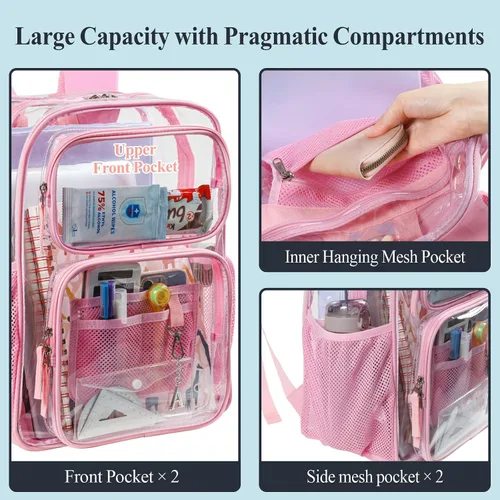 Vista 5 de PACKISM Mochila transparente para la escuela - Mochilas transparentes de PVC resistente de 17 pulgadas con múltiples bolsillos