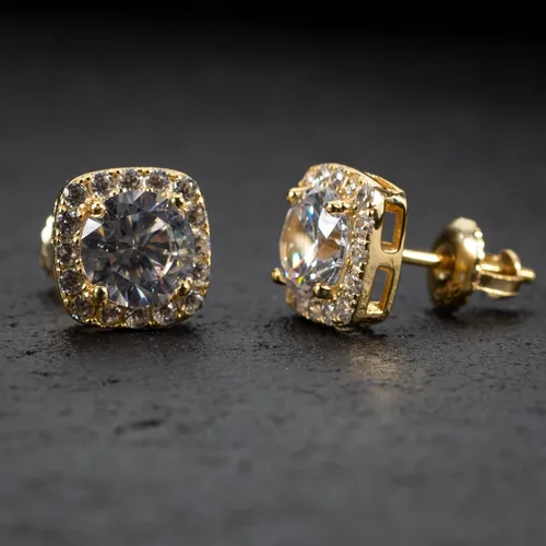 Vista 4 de Pendientes de plata de ley de oro amarillo para hombre, corte cuadrado, estilo hip hop, con cierre de rosca, Plata de ley, Circonia cúbica
