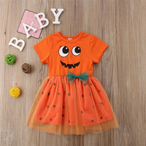 Vista 3 de Vestido de princesa de Halloween para niña, diseño de calabaza, sonrisas de calabaza, lunares, falda de tul con lazo, vestidos de fiesta