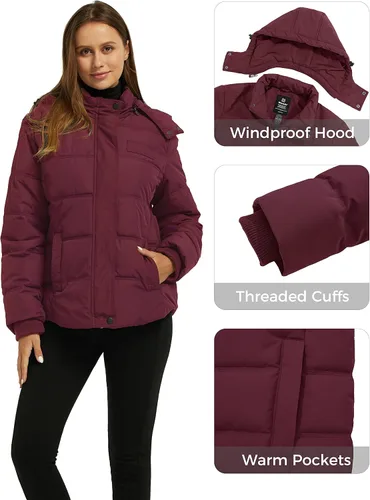Vista 6 de Wantdo Abrigo de invierno cálido con capucha para mujer, chaqueta acolchada gruesa con capucha extraíble