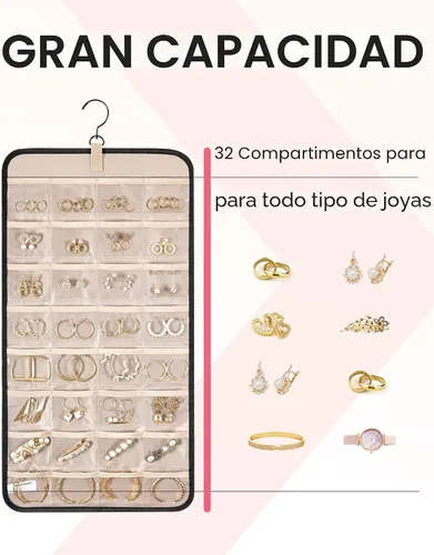 Vista 3 de BAGSMART Organizador de joyas colgante con rollo de almacenamiento y ganchos metálicos de doble cara para aretes, collares, anillos en armario, Negro