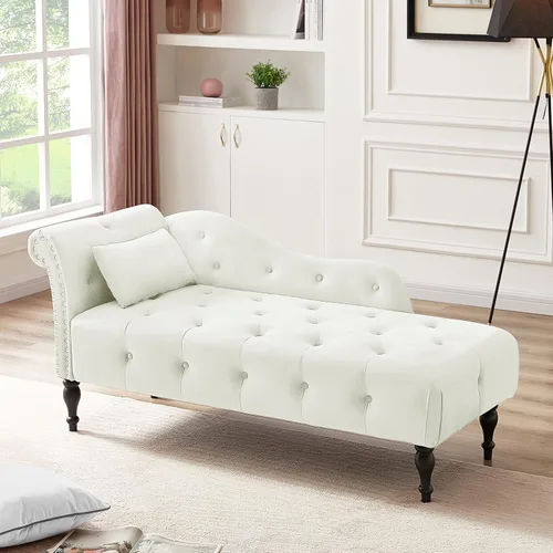 Vista 7 de Chaise Lounge - Silla de terciopelo para interiores con almohada, con botones copetudos, brazo derecho, con ribete de cabeza de clavos y patas Azul
