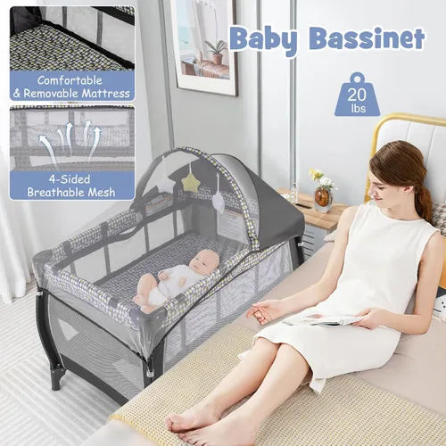 Vista 6 de HONEY JOY Pack and Play, centro de guardería plegable 4 en 1 con moisés infantil de tamaño completo y cambiador de pañales, cuna portátil para niños