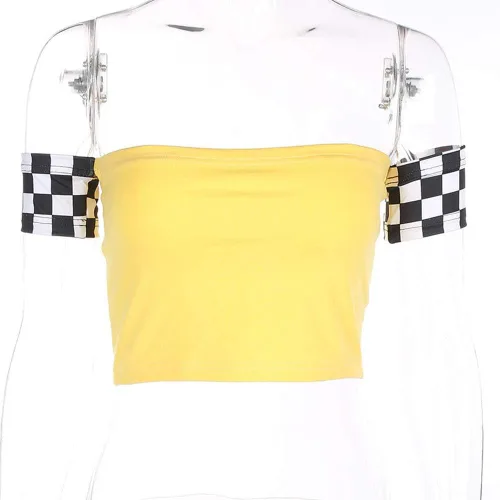 Vista 4 de Women's Plaid Printed T-Shirt Harajuku Kawaii Short SleeveOff Shoulder Crop Top